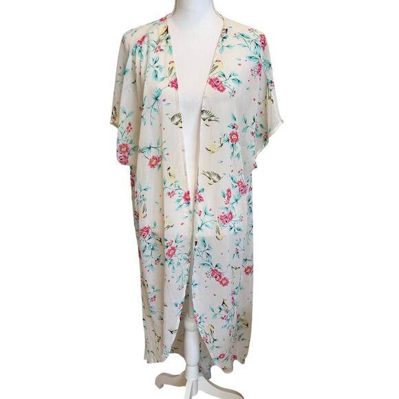 Torrid Kimono Duster Sz 2/3 2X/3X White Pink Floral Birds Sheer Flutter Sleeves - Picture 1 of 8